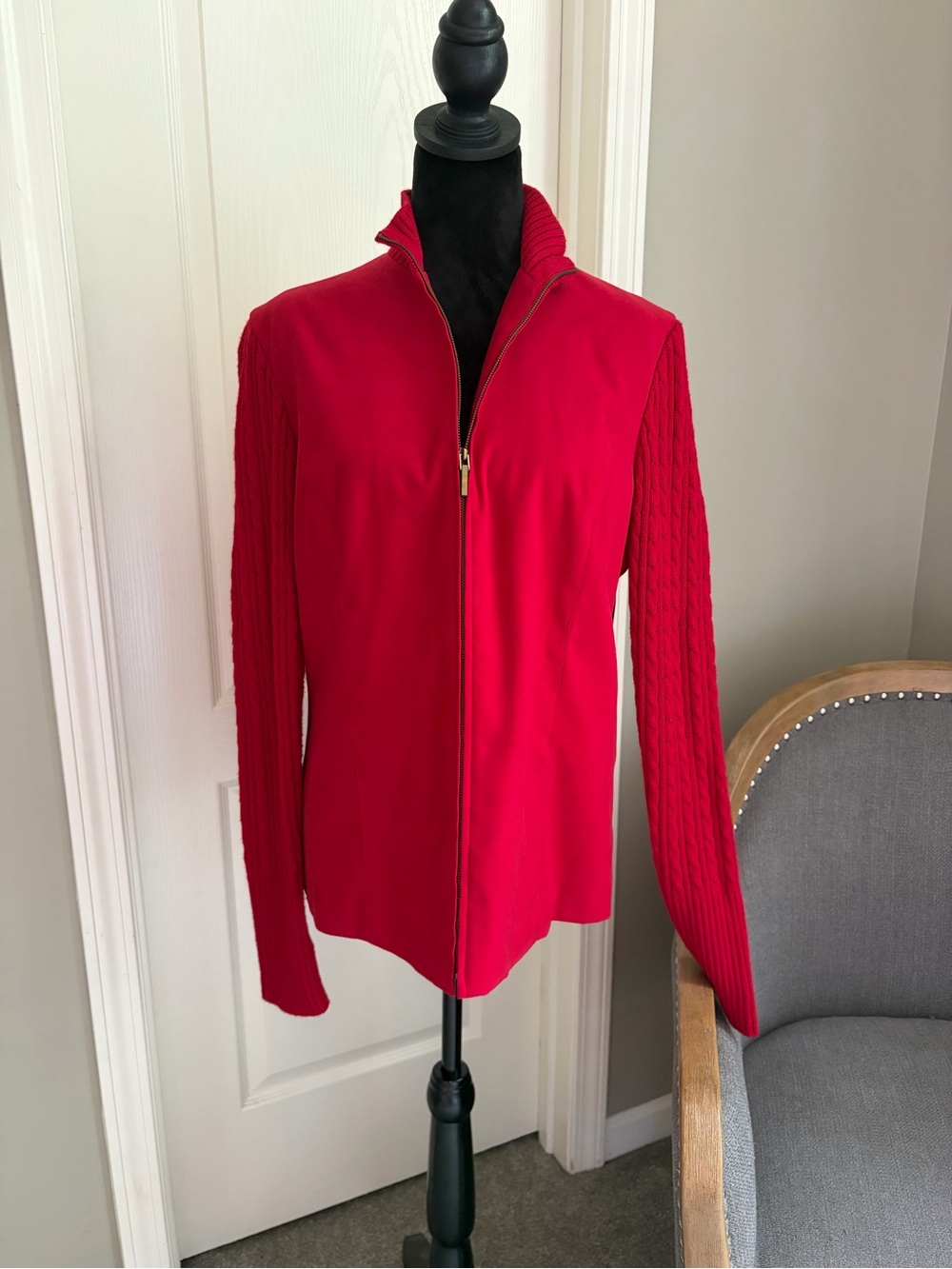 Talbots Red Zip-Front Knit-Sleeve Jacket